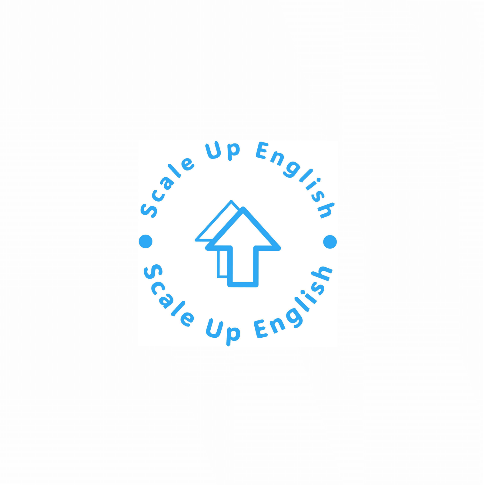 Logo of Scale Up English featuring a blue upward arrow with the company name encircling it.